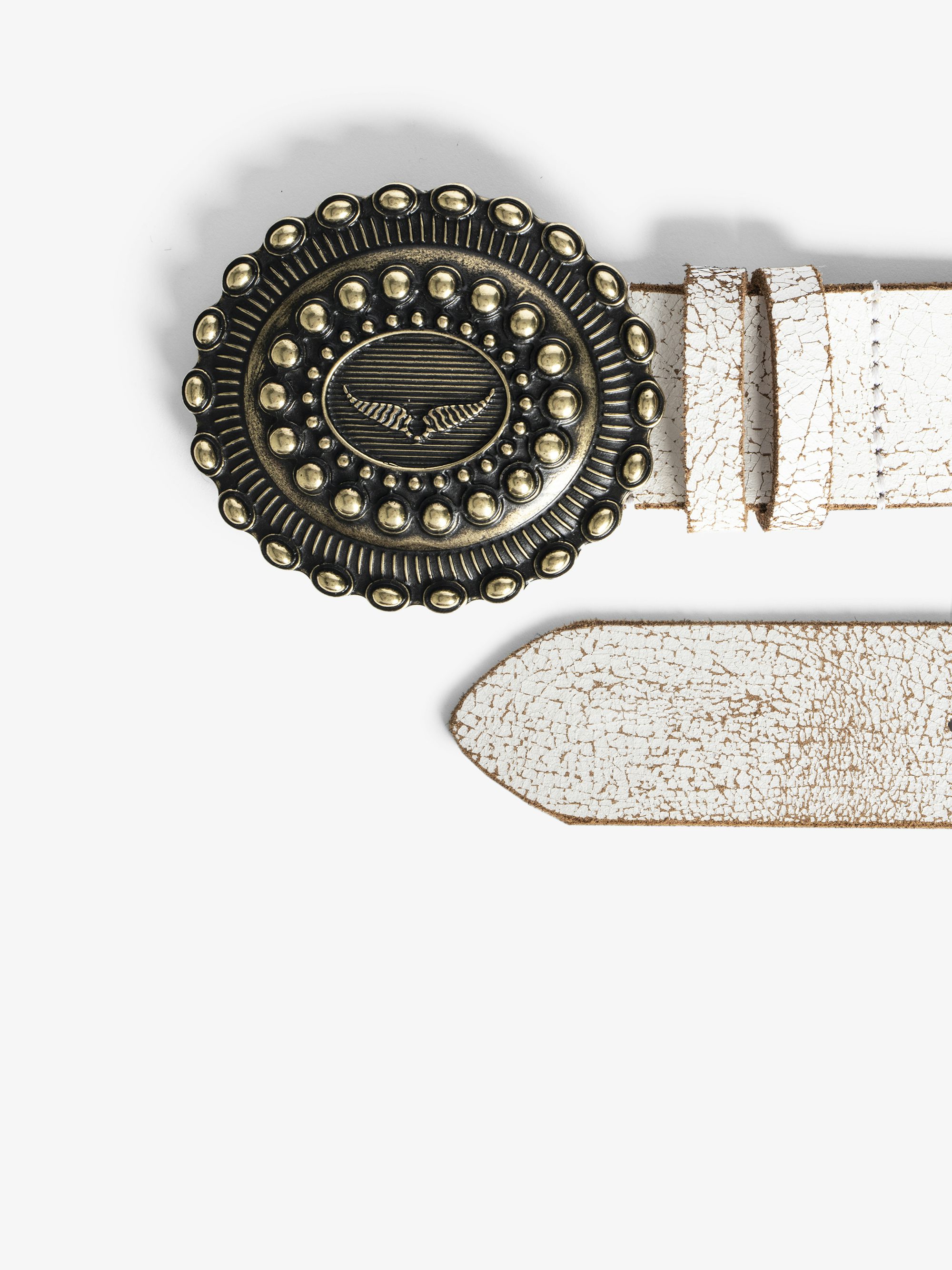 Santa Fe Belt - 40mm wide belt in white crackled-effect leather with wing signature on the western-style buckle.